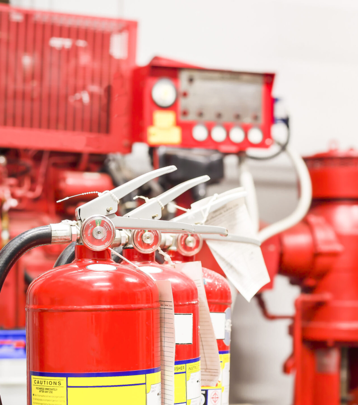 The red fire extinguisher is ready for use in case of an indoor fire emergency.